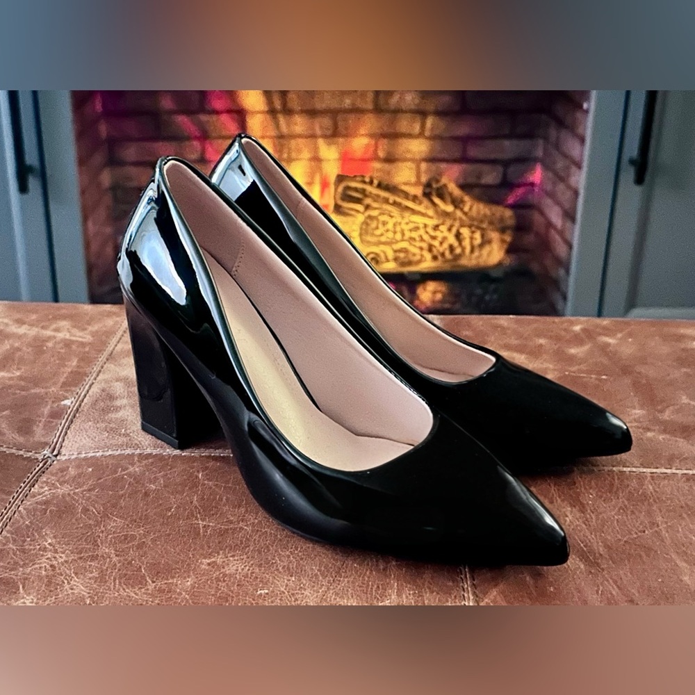 Glossy Black Block Heel Pumps